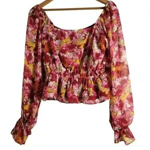Wayf Payton Cropped Blouse, Long-sleeve, Floral, Red, XS